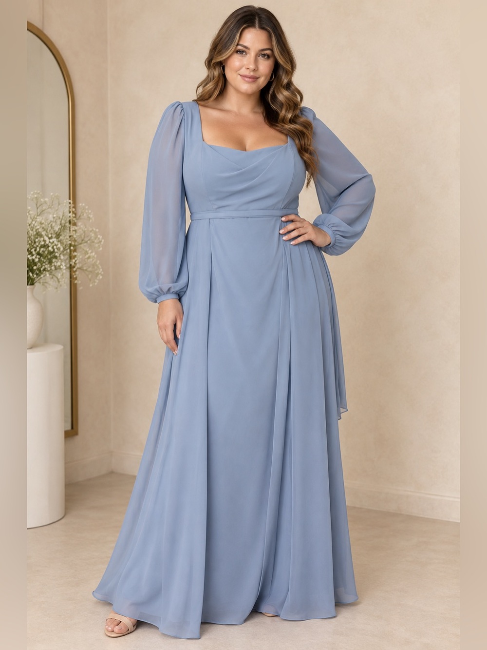 Light Blue Long Sleeve Evening Dress